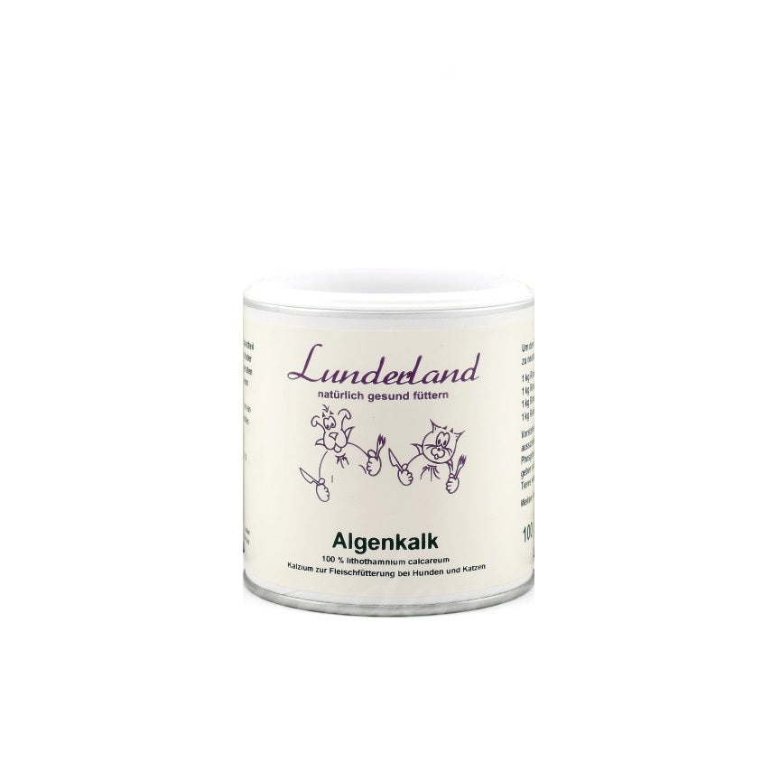Behälter von Lunderland Algenkalk, 100 % Lithothamnium calcareum, für die Fleischfütterung von Hunden und Katzen. Das Produkt ist zur Unterstützung der Kalziumversorgung gedacht.