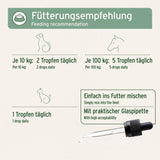 Fütterungsempfehlung für Algenöl: 2 Tropfen täglich pro 10 kg Körpergewicht, 5 Tropfen täglich pro 100 kg Körpergewicht, 1 Tropfen täglich für Katzen, einfach ins Futter mischen mit praktischer Pipette.