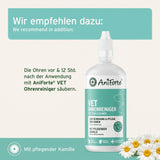 Empfohlene Anwendung des AniForte VET Ohrenreinigers zur zusätzlichen Pflege nach der Anwendung des Ohrmilbenöls.