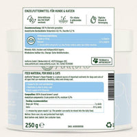 Produktetikett des AniForte® Bierhefe Pulvers mit Inhaltsstoffen, analytischen Bestandteilen, Fütterungsempfehlung und Herstellerangaben in Deutsch und Englisch