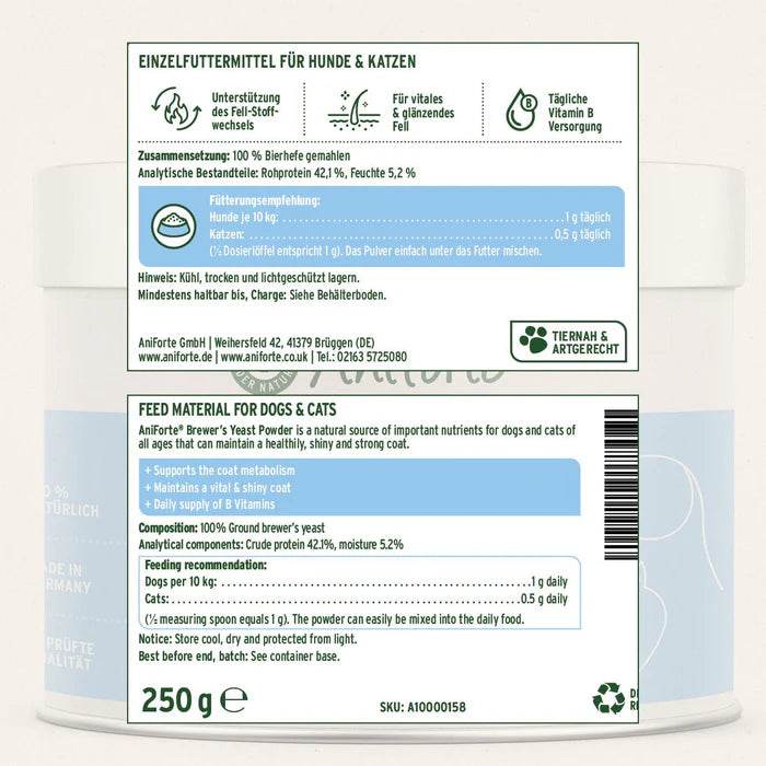 Produktetikett des AniForte® Bierhefe Pulvers mit Inhaltsstoffen, analytischen Bestandteilen, Fütterungsempfehlung und Herstellerangaben in Deutsch und Englisch