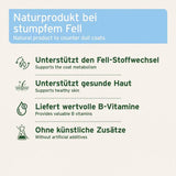 Übersichtsgrafik: AniForte® Bierhefe Pulver unterstützt Fell-Stoffwechsel, gesunde Haut, liefert B-Vitamine und enthält keine künstlichen Zusätze