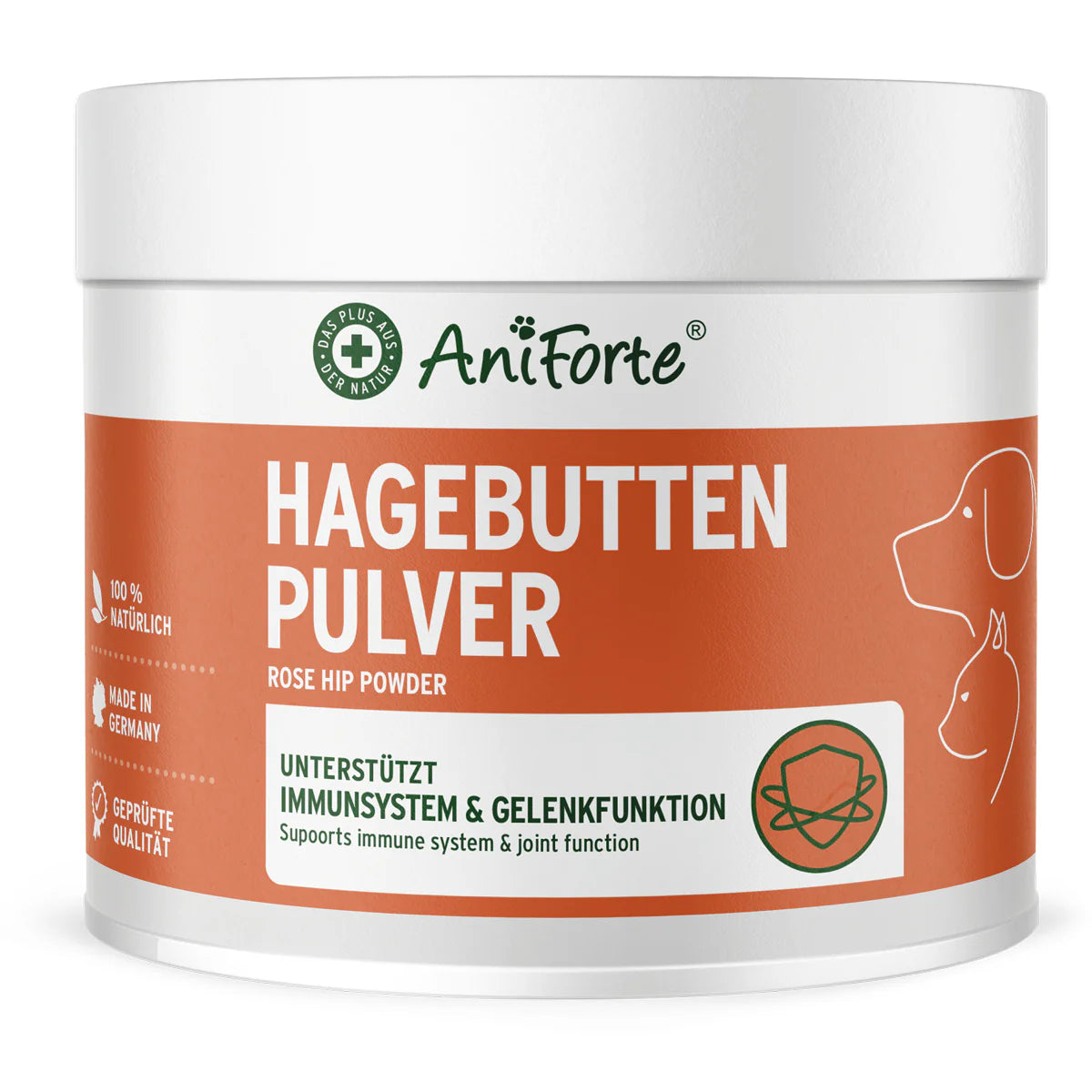 AniForte® Hagebuttenpulver für Hunde und Katzen in einem Glas mit Dosierlöffel – natürliche Unterstützung für Immunsystem und Gelenke