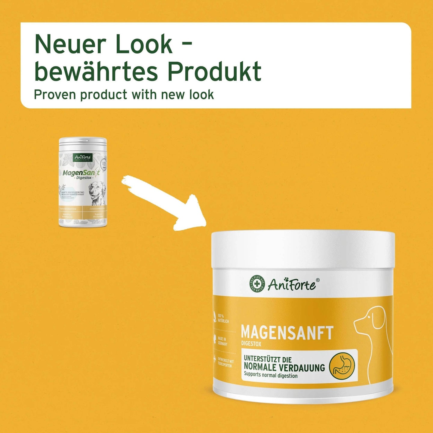 AniForte MagenSanft Magenpulver für Hunde — neues Verpackungsdesign, bewährte Rezeptur zur Unterstützung von Verdauung und Magen-Darm-Gesundheit.