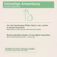 Anwendungsbeispiele für AniForte® Milben Spray – Auftragen auf Pfoten, Bauch und Achseln zur Vorbeugung gegen Grasmilben