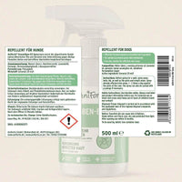 AniForte® Milben Spray – Produktetikett mit Inhaltsstoffen wie Geraniol, Lavendelöl, Nachtkerzenöl und Zitroneneukalyptus