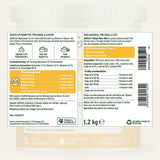 Produktetikett des AniForte® Naturmoor – Rückseite mit Angaben zur Zusammensetzung, analytischen Bestandteilen, Fütterungsempfehlung und Lagerhinweisen in Deutsch und Englisch
