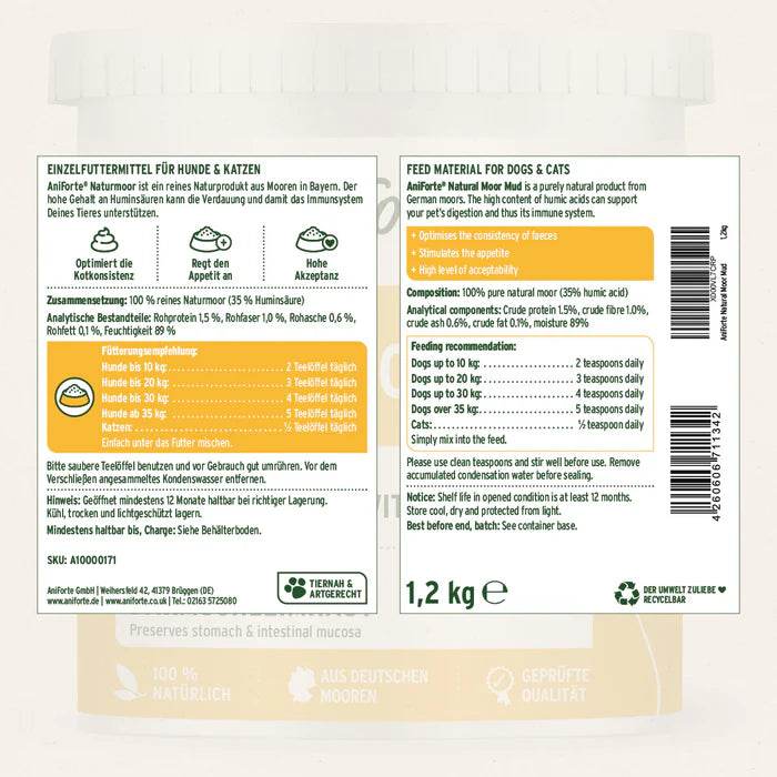 Produktetikett des AniForte® Naturmoor – Rückseite mit Angaben zur Zusammensetzung, analytischen Bestandteilen, Fütterungsempfehlung und Lagerhinweisen in Deutsch und Englisch