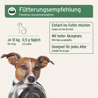 Fütterungsempfehlung für AniForte® Seealgenmehl – 0,5 g täglich je 10 kg Körpergewicht, unter das Futter mischen. Dosierlöffel enthalten.