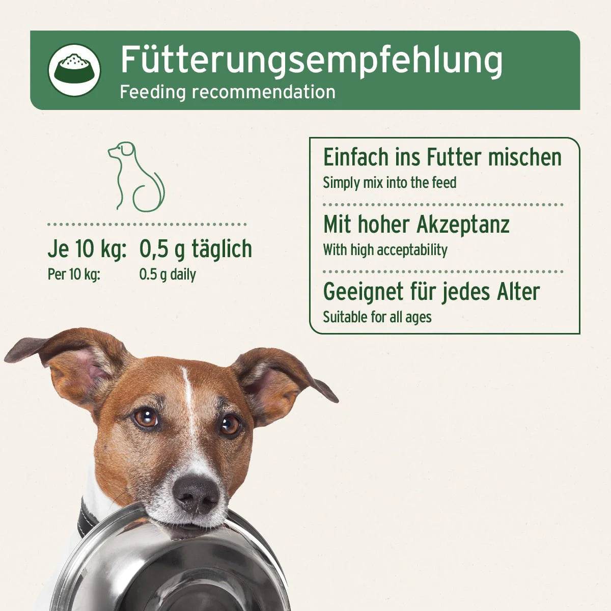 Fütterungsempfehlung für AniForte® Seealgenmehl – 0,5 g täglich je 10 kg Körpergewicht, unter das Futter mischen. Dosierlöffel enthalten.