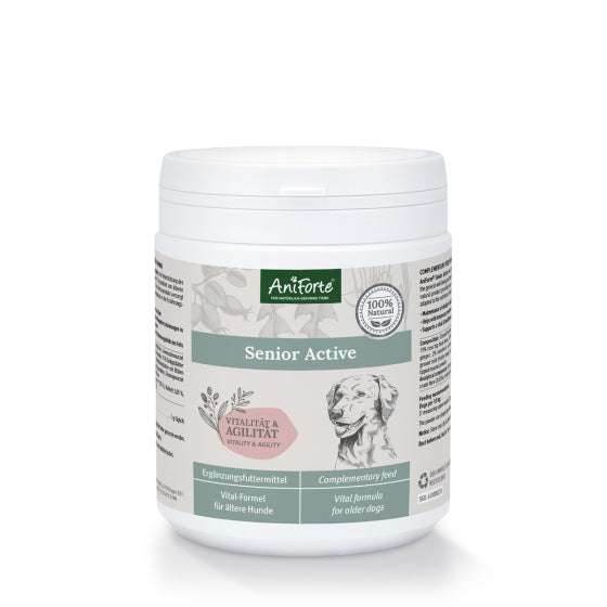 AniForte® Senior Active – Natürliches Ergänzungsfuttermittel für ältere Hunde, unterstützt die Vitalität, Agilität, Gelenke und das Immunsystem mit Inhaltsstoffen wie Grünlippmuschel, Hagebuttenschalen und Ginkgoblättern.