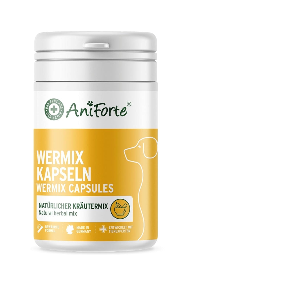 „AniForte WermiX Kapseln für Hunde – pflanzliche Kräutermischung zur Unterstützung nach Wurmbefall, enthält Thymian, Beifuß, Wermut und Salbei“