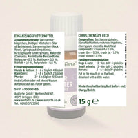 Etikett eines Produkts, das Globuli enthält, zur Unterstützung von Tieren, die unter Stress oder Angstzuständen leiden. Das Produkt enthält eine Mischung aus natürlichen Zutaten wie Star of Bethlehem, Rock Rose, Impatiens, Cherry Plum und Clematis. Es wird empfohlen, für Hunde und Katzen täglich 3-6 mal 4 Globuli zu verabreichen, für Kleintiere 3-6 mal täglich 2 Globuli und für Pferde 3-6 mal täglich 10 Globuli. Die Globuli können direkt in die Lefzen gegeben oder mit etwas Wasser ins Futter gemischt werden