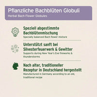 Auf diesem Bild sind pflanzliche Bachblüten Globuli zu sehen. Die Globuli sind nach einer speziell abgestimmten Bachblütenmischung formuliert, die sanft bei Silvesterfeuerwerk und Gewitter unterstützen kann. Das Produkt wird nach einer alten, traditionellen Rezeptur in Deutschland hergestellt.