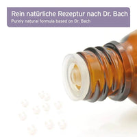 Das Bild zeigt eine Flasche Globuli mit der Aufschrift „Rein natürliche Rezeptur nach Dr. Bach“. Zu sehen sind einige der kleinen homöopathischen Kügelchen, die in der Flasche enthalten sind, die nach der bewährten Rezeptur von Dr. Bach hergestellt wurde. Diese Globuli bieten eine sanfte und natürliche Lösung für die Unterstützung von Tieren in stressigen Situationen.