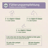 Fütterungsempfehlung für die Bachblüten Globuli. Hunde und Katzen erhalten 3-6 mal täglich 4 Globuli, kleinere Tiere 3-6 mal täglich 2 Globuli, und Pferde 3-6 mal täglich 10 Globuli. Die Globuli können in die Lefzen gegeben oder mit etwas Wasser aufgelöst ins Futter gemischt werden. Geeignet für alle Altersgruppen.
