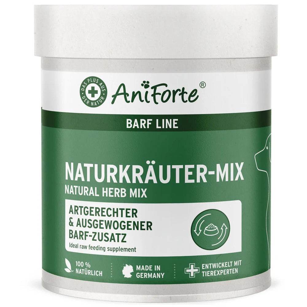Das Bild zeigt einen Behälter des AniForte Naturkräuter-Mix, einem Zusatz für die Rohfütterung von Hunden. Es wird als artgerechter und ausgewogener BARF-Zusatz beschrieben, der 100% natürliche Inhaltsstoffe enthält und in Deutschland hergestellt wurde. Der Behälter gehört zur BARF-Linie von AniForte.