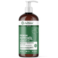 Flasche mit Premium Futteröl von AniForte®, unterstützt Immunsystem, Haut und Fell. Nährstoffreiches BARF Öl für die natürliche Fütterung von Haustieren.