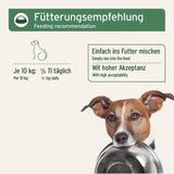 Eine Fütterungsempfehlung für Hunde zeigt, dass bei einem Hund mit 10 kg Gewicht täglich ein halber Teelöffel (½ TL) des Produkts ins Futter gemischt werden soll. Es wird betont, dass das Produkt eine hohe Akzeptanz bei Hunden hat.