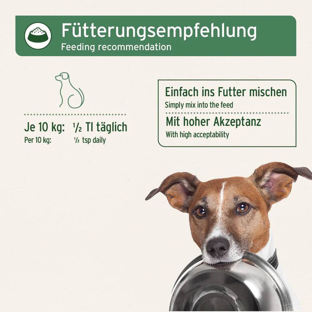 Eine Fütterungsempfehlung für Hunde zeigt, dass bei einem Hund mit 10 kg Gewicht täglich ein halber Teelöffel (½ TL) des Produkts ins Futter gemischt werden soll. Es wird betont, dass das Produkt eine hohe Akzeptanz bei Hunden hat.