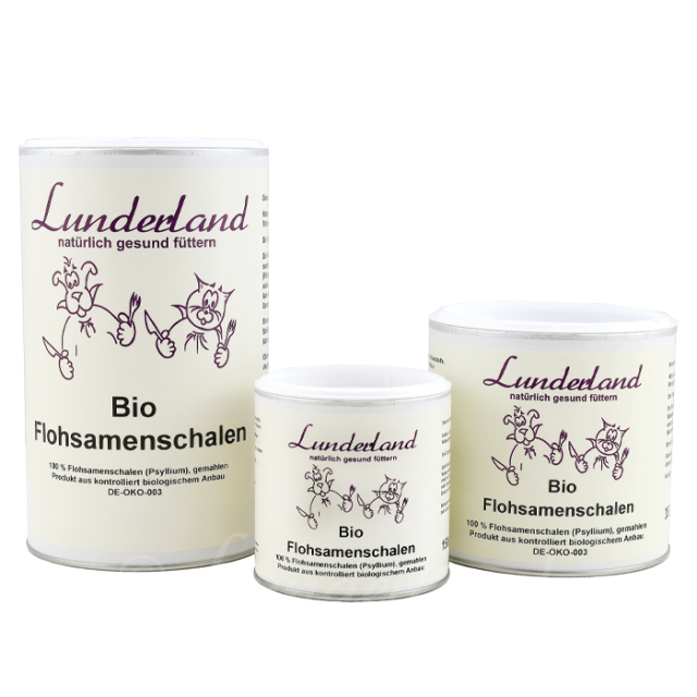 "Bio Flohsamenschalen für Hunde und Katzen – 100% Naturprodukt aus kontrolliert ökologischem Anbau, fördert die Verdauung und unterstützt eine gesunde Darmflora."