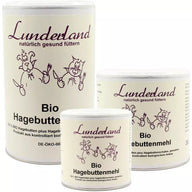 Lunderland Bio-Hagebuttenpulver, eine hochwertige natürliche Futterergänzung für Hunde und Katzen, unterstützt Gelenke und Immunsystem, enthält 100 % Bio-Hagebutten.