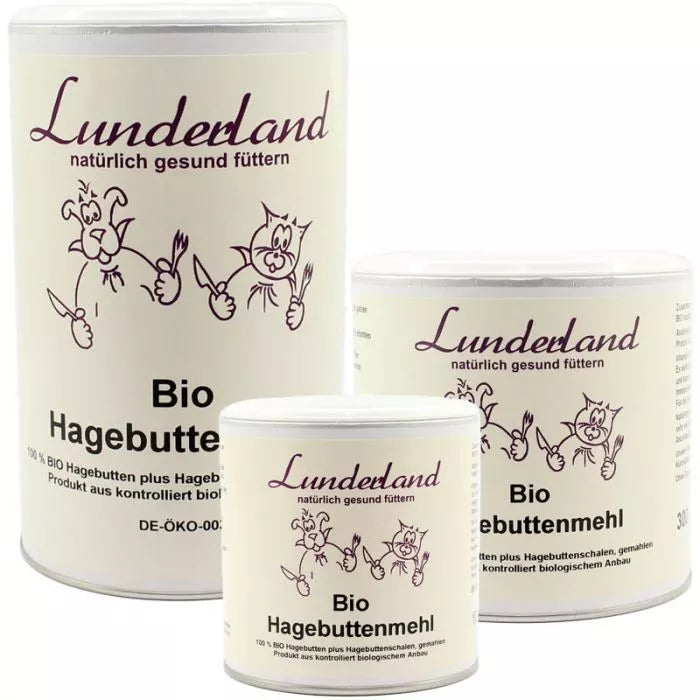 Lunderland Bio-Hagebuttenpulver, eine hochwertige natürliche Futterergänzung für Hunde und Katzen, unterstützt Gelenke und Immunsystem, enthält 100 % Bio-Hagebutten.