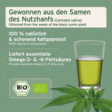 Hanföl in einem Glas, gewonnen aus den Samen des Nutzhanfs, mit einem Hanfblatt und Bio-Siegel.