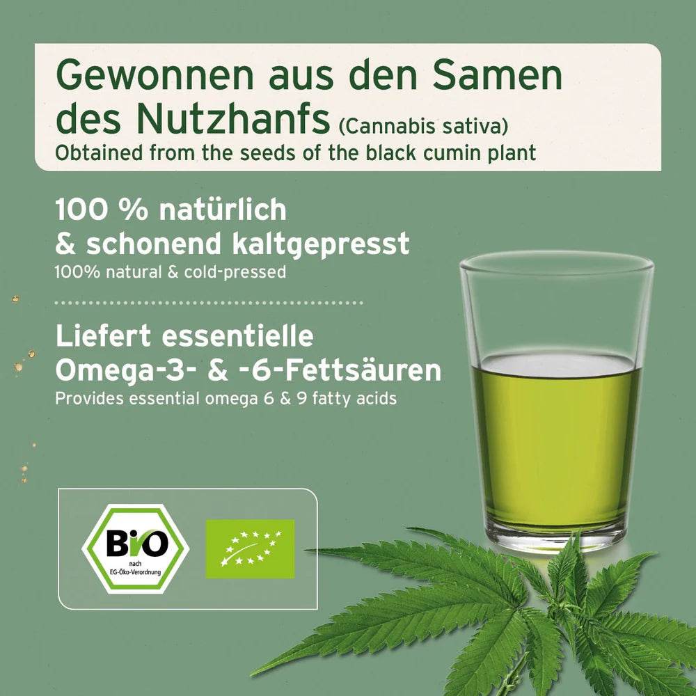 Hanföl in einem Glas, gewonnen aus den Samen des Nutzhanfs, mit einem Hanfblatt und Bio-Siegel.