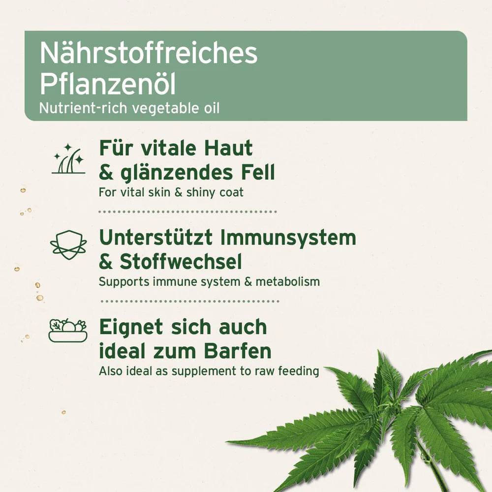 Flasche mit nährstoffreichem Pflanzenöl für gesunde Haut und glänzendes Fell, begleitet von Hanfblättern.
