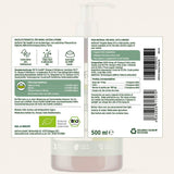 Flasche mit Bio Hanföl für Hunde, Katzen und Pferde, mit Informationen zur Fütterungsempfehlung und Inhaltsstoffen, die das Immunsystem, Haut und Fell unterstützen.