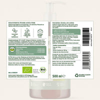 Flasche mit Bio Hanföl für Hunde, Katzen und Pferde, mit Informationen zur Fütterungsempfehlung und Inhaltsstoffen, die das Immunsystem, Haut und Fell unterstützen.