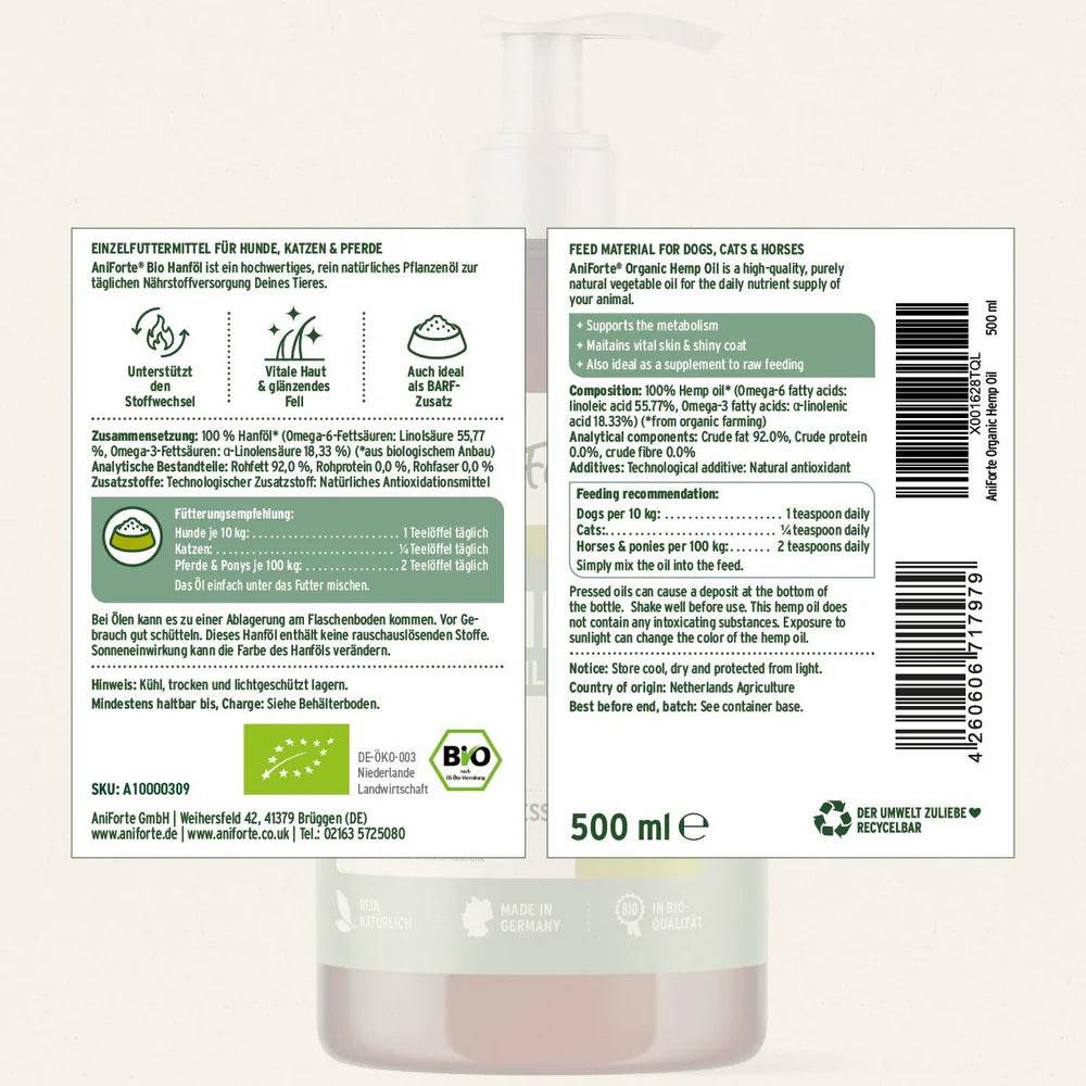 Flasche mit Bio Hanföl für Hunde, Katzen und Pferde, mit Informationen zur Fütterungsempfehlung und Inhaltsstoffen, die das Immunsystem, Haut und Fell unterstützen.