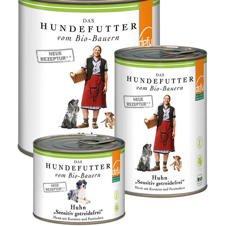 Dose des Bio-Hunde-Menüs Huhn "High Sensitive" – getreidefreies Nassfutter mit 87 % Bio-Huhn, Karotten, Pastinaken und Lichtwurzel, ideal für sensible Hunde mit Unverträglichkeite
