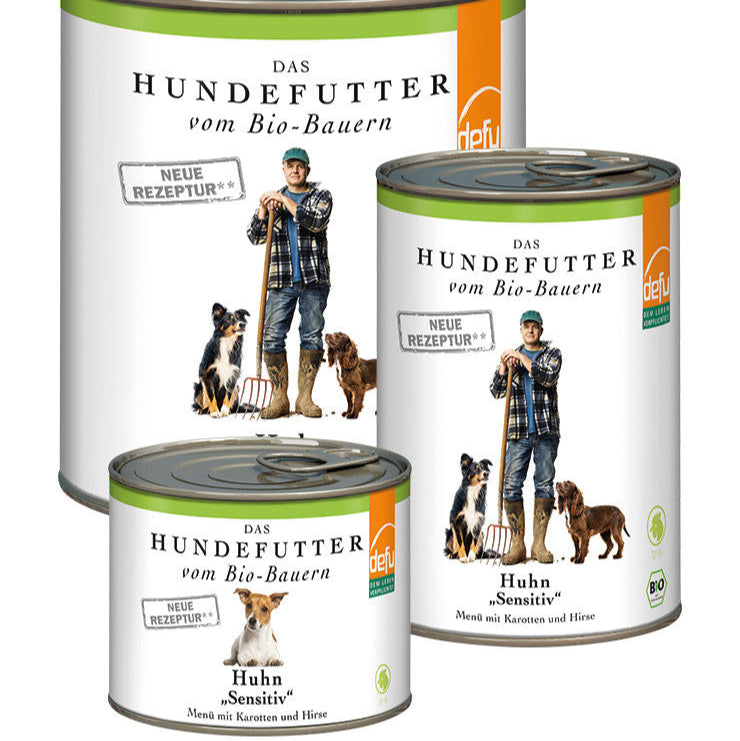 Dose des Bio-Hunde-Menüs Huhn ‚Sensitive‘ mit Abbildung eines Hundes und Bio-Siegel – geeignet für sensible Hunde mit Allergien oder empfindlichem Magen