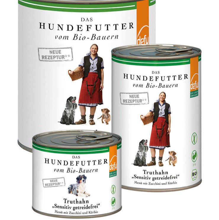 Dose des Bio-Hunde-Menüs Truthahn 'Sensitiv getreidefrei' von defu – getreidefreies Nassfutter mit 70 % Bio-Truthahn, Zucchini, Kürbis und Lichtwurzel für sensible Hunde