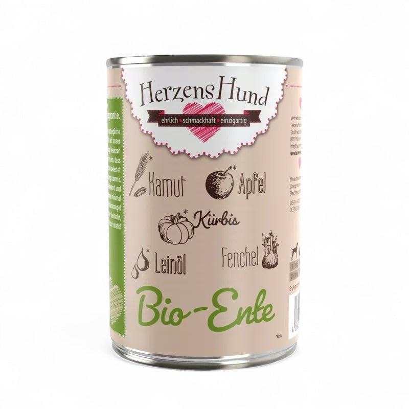 HerzensHund Bio-Nassfutter mit Ente, Kamut, Kürbis, Apfel und Fenchel – ausgewogene Mahlzeit für empfindliche Hunde