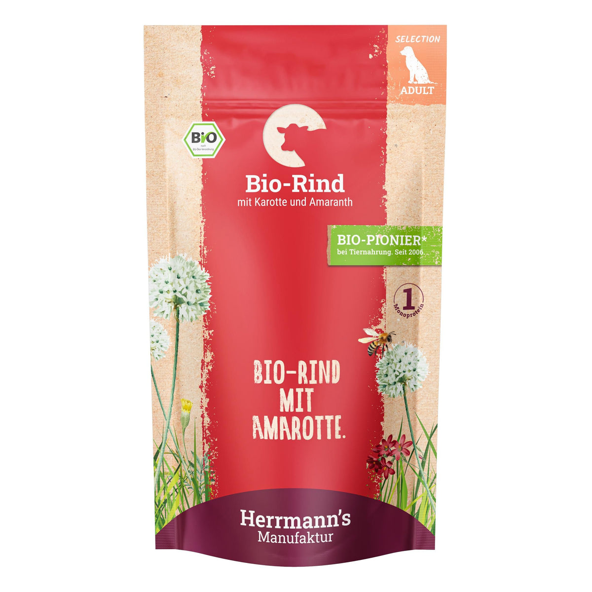 Bio-Rind mit Karotten und Amaranth – hochwertiges Alleinfuttermittel für ausgewachsene Hunde aus 50 % Bio-Rind, glutenfrei und getreidefrei, mit Karotten, Amaranth und wertvollen Nährstoffen für eine ausgewogene Ernährung.