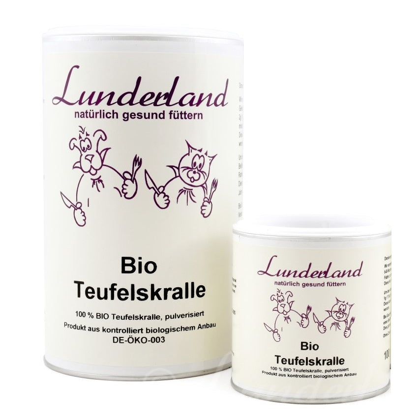 Dosen Lunderland Bio Teufelskralle in verschiedenen Größen. Jede Dose ist mit dem Logo und dem Text "100% Bio Teufelskralle, pulverisiert" sowie der Angabe "Produkt aus kontrolliert biologischem Anbau" versehen.