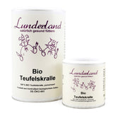 Dosen Lunderland Bio Teufelskralle in verschiedenen Größen. Jede Dose ist mit dem Logo und dem Text "100% Bio Teufelskralle, pulverisiert" sowie der Angabe "Produkt aus kontrolliert biologischem Anbau" versehen.