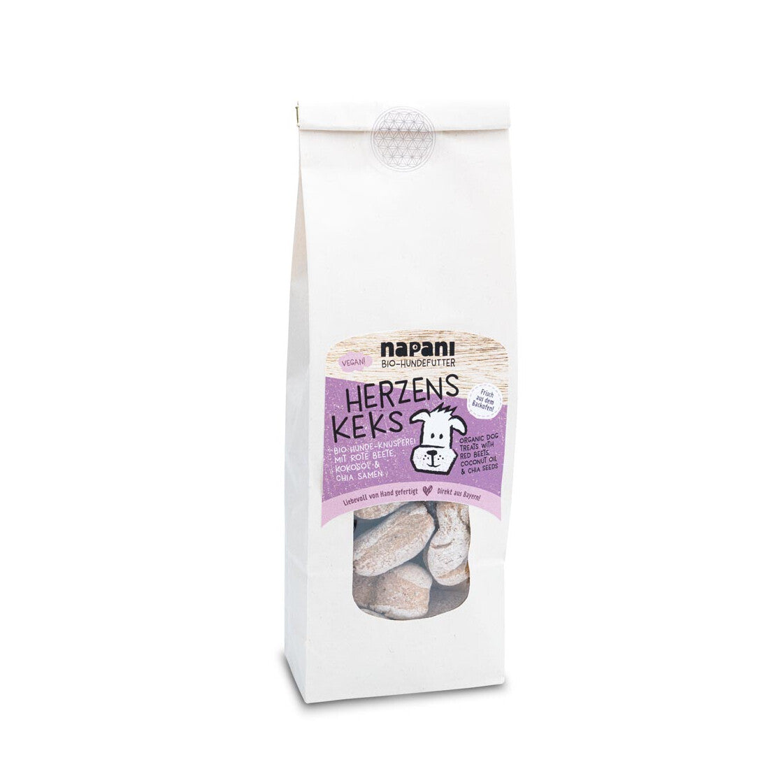 Flasche mit Ergänzungsfuttermittel für Hunde und Katzen, bestehend aus Bio-Dinkelvollkornmehl, Bio-Rote Beete, Bio-Kokosöl und Bio-Chia-Samen; Dosierung erfolgt mit einer Pipette, geeignet als täglicher Snack oder Belohnung.