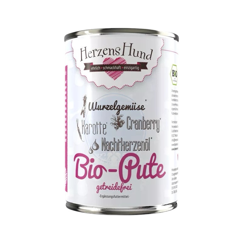 Bio-Ergänzungsfutter für Hunde mit Pute und Karotte – getreidefrei, mit hohem Fleischanteil und natürlichen Bio-Zutaten

