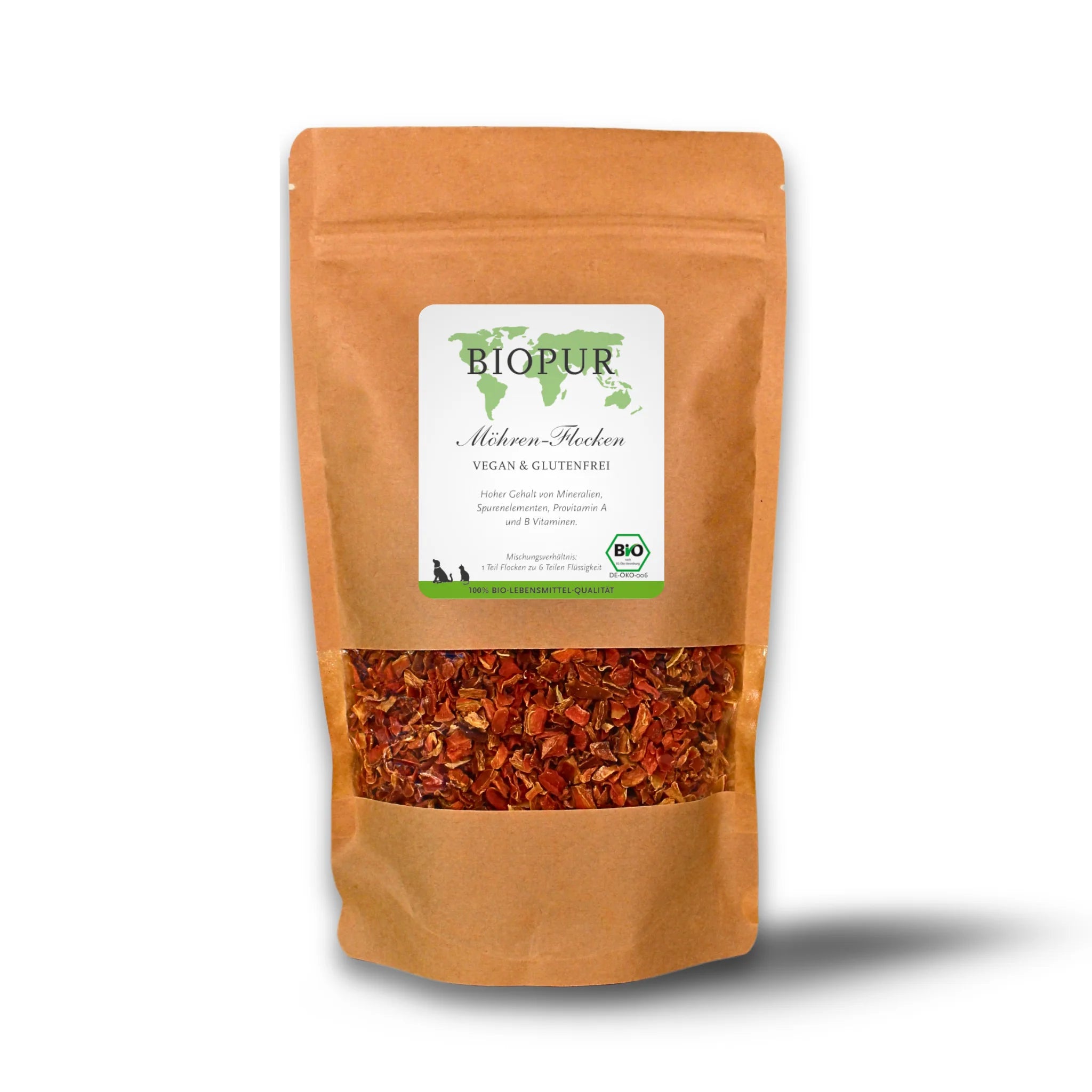BIOPUR Möhren-Flocken für Haustiere, 100% Bio-Möhren, reich an Beta-Carotin, Provitamin A und B-Vitaminen, veganes Superfood zur Unterstützung von Sehkraft und Verdauung, einfache Zubereitung, glutenfrei