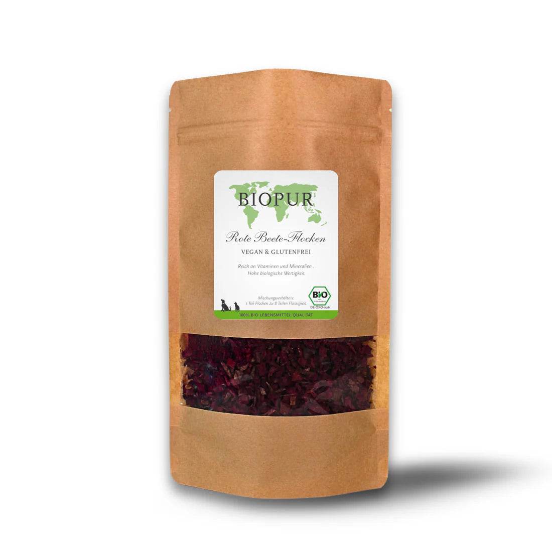 Vegane und glutenfreie BIO-Rote Beete-Flocken zur Futterergänzung für Haustiere – reich an pflanzlichem Eiweiß, ungesättigten Fettsäuren, Eisen und Vitaminen, ideal für eine natürliche und gesunde Ernährung.