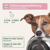 Das Bild zeigt eine Fütterungsempfehlung für Hunde. Die empfohlene Dosierung beträgt 1 g täglich pro 10 kg Körpergewicht des Hundes. Es wird empfohlen, das Pulver einfach ins Futter zu mischen, und es ist für Hunde jeden Alters geeignet. Ein Hundebild zeigt den Hund, der den Futternapf hält.