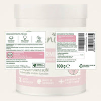 Das Bild zeigt ein Ergänzungsfuttermittel für Hunde in Pulverform, das die Blasenfunktion unterstützt. Die Verpackung enthält 100 g des Produkts und empfiehlt eine tägliche Dosierung von 1 g pro 10 kg Körpergewicht des Hundes. Es wird empfohlen, das Pulver einfach ins Futter zu mischen. Das Produkt trägt zur Unterstützung des Immunsystems, zur Funktion der Prostata und zur Stimulierung des Stoffwechsels bei.