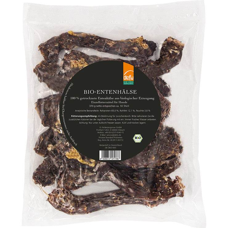 Defu Bio-Entenhälse – 100% Bio-Snack aus artgerechter Haltung für Hunde, schonend vakuumgetrocknet und frei von künstlichen Zusätzen.