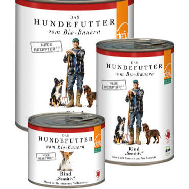 Dose des Bio-Hunde-Menüs Rind ‚Sensitive‘ von Defu mit Abbildung eines Hundes und Bio-Siegel, geeignet für sensible Hunde.