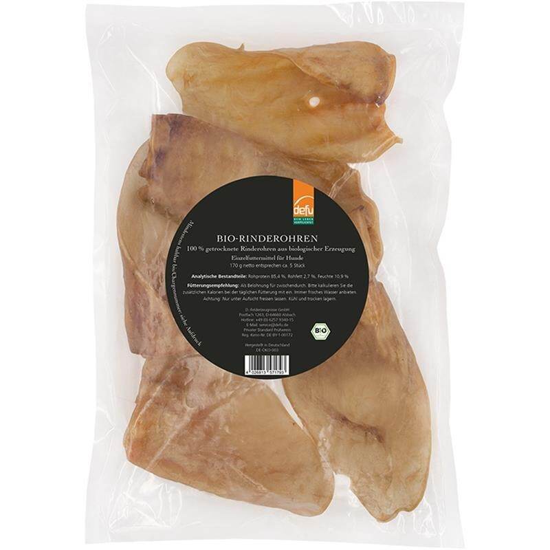 Defu Bio-Rinderohren getrocknet – natürlicher Kausnack für Hunde aus 100% Bio-Rinderohren, fördert Zahnpflege und bietet Kauspaß aus artgerechter Haltung.