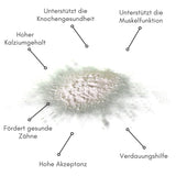 BIOPUR Bio-Eierschalenpulver für Hunde und Katzen: natürliche Calciumquelle aus 100 % Bio-Eierschalen. Ideal zur Calciumergänzung bei BARF und Rohfütterung.Detailaufnahme mit Beschreibung